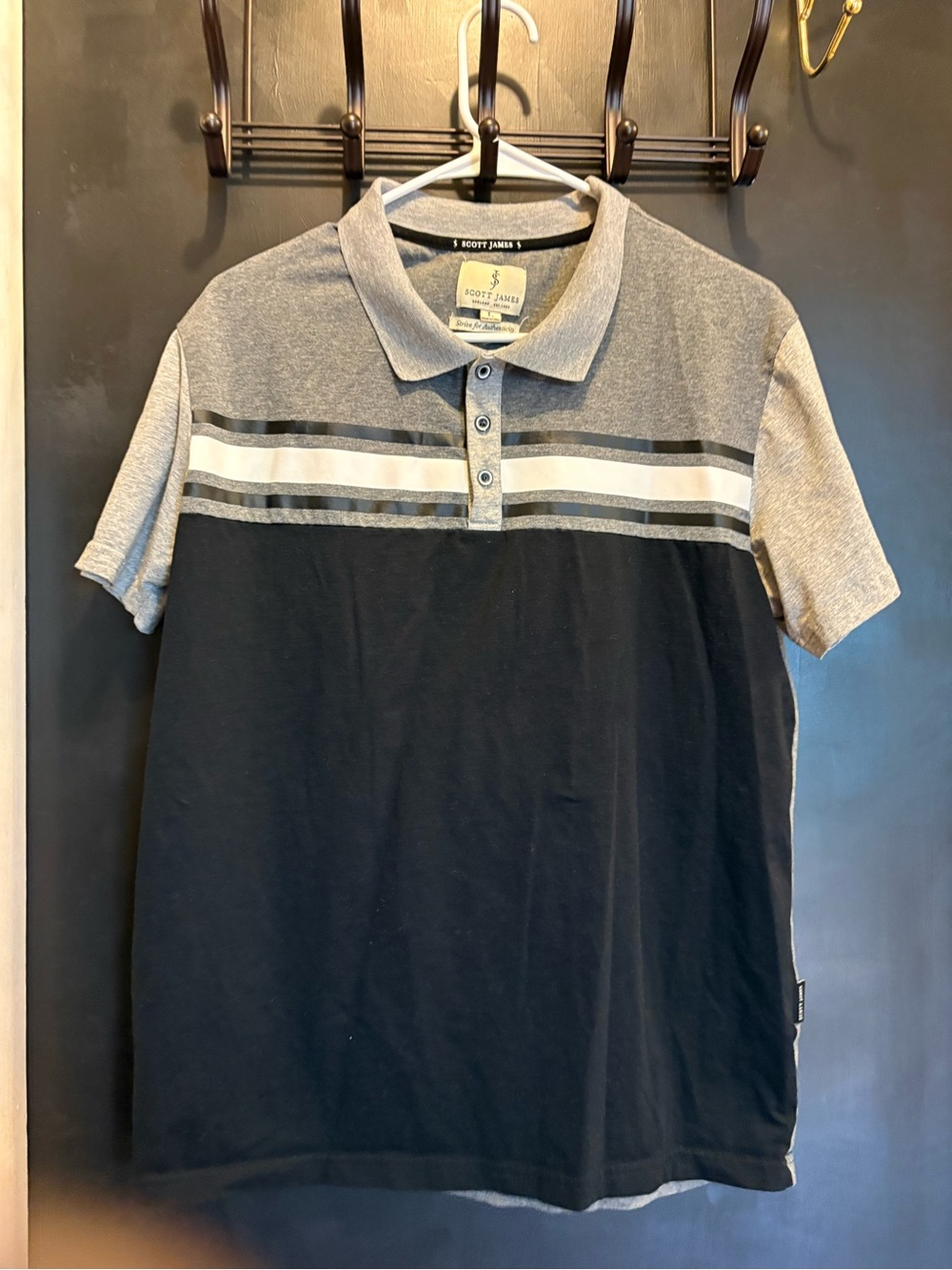 Scott James Of England Men’s Colorblock Polo Large Black Gray White Stripe